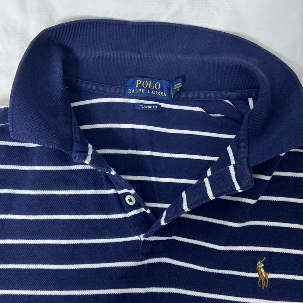 2/40$ Men’s Ralph‎ Lauren white & Navy blue striped knit cotton polo Sz XL - Picture 3 of 11